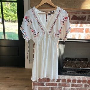 Blue Rain White Dress with Red Floral Embroidery size XS